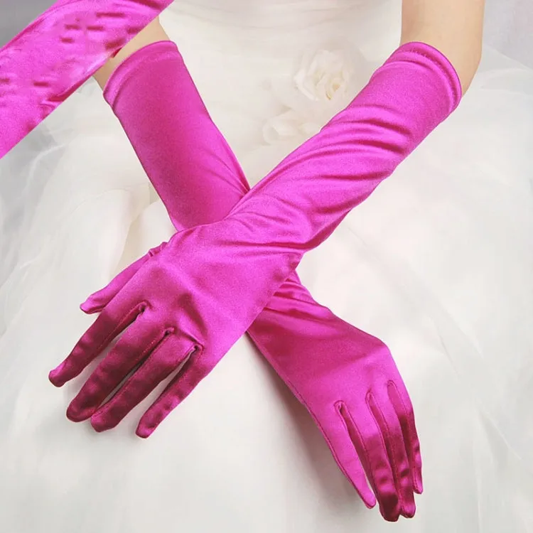 1pair Bride Gloves Satin Long Vintage Travel Sunscreen Dress Wedding Gloves(Rose Red)