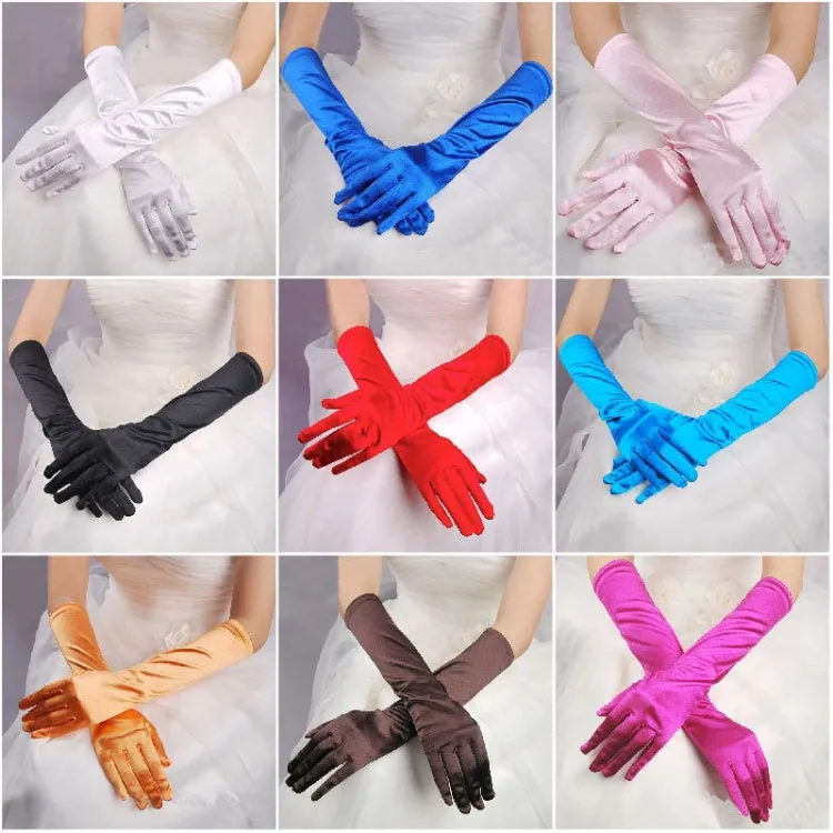 1pair Bride Gloves Satin Long Vintage Travel Sunscreen Dress Wedding Gloves(Rose Red)