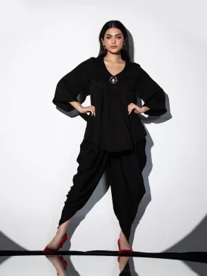 2 Piece Set | Glass Keyhole Black Korean Top with Dhoti Pants