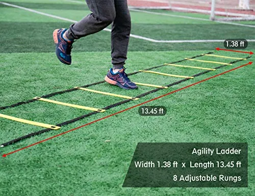 A11N Speed & Agility Training Set- Includes 1 Resistance Parachute, 1 Agility Ladder, 4 Adjustable Hurdles, 12 Disc Cones | Exercise Equipment for All Sports