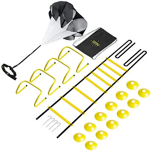 A11N Speed & Agility Training Set- Includes 1 Resistance Parachute, 1 Agility Ladder, 4 Adjustable Hurdles, 12 Disc Cones | Exercise Equipment for All Sports