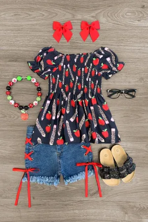 Apple Pencil Lace Up Denim Short Set