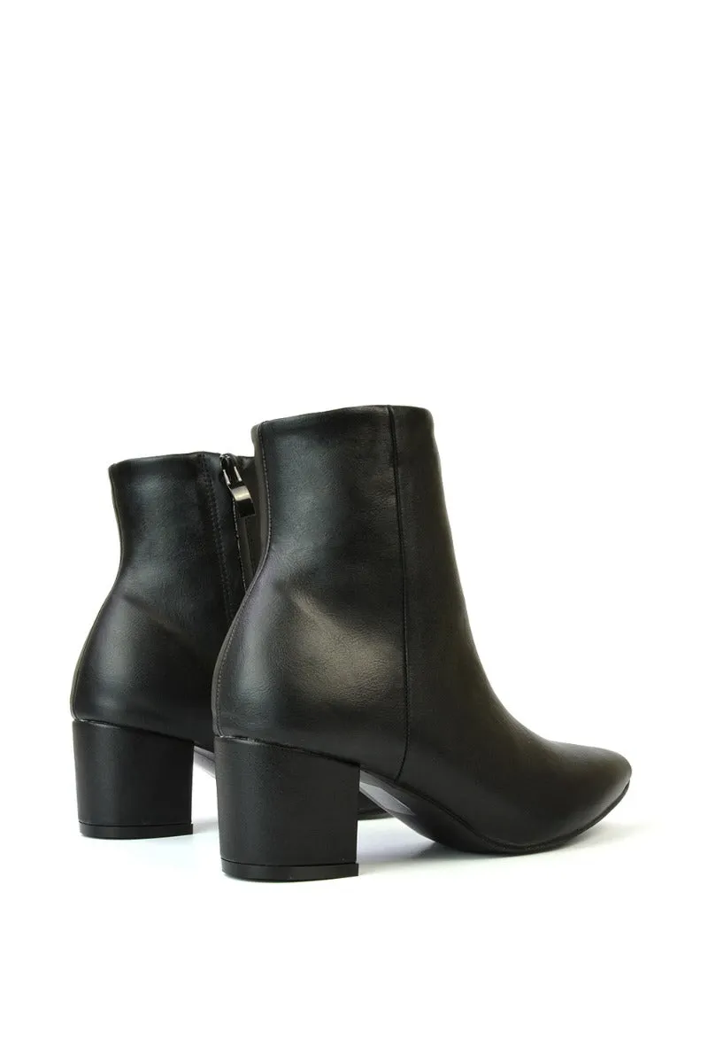 Ayda Pointed Toe inside Zip Detail Low Block Heel Ankle Boots in Black Synthetic Leather