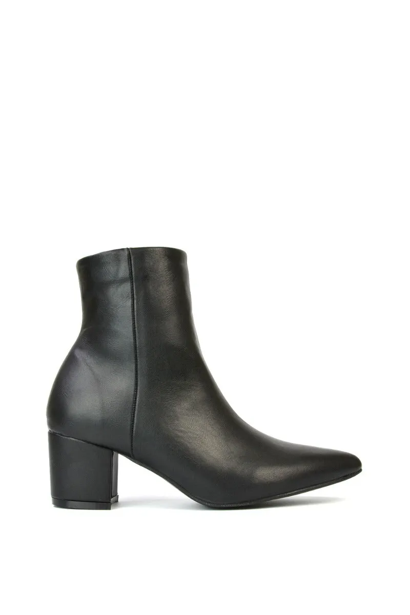 Ayda Pointed Toe inside Zip Detail Low Block Heel Ankle Boots in Black Synthetic Leather