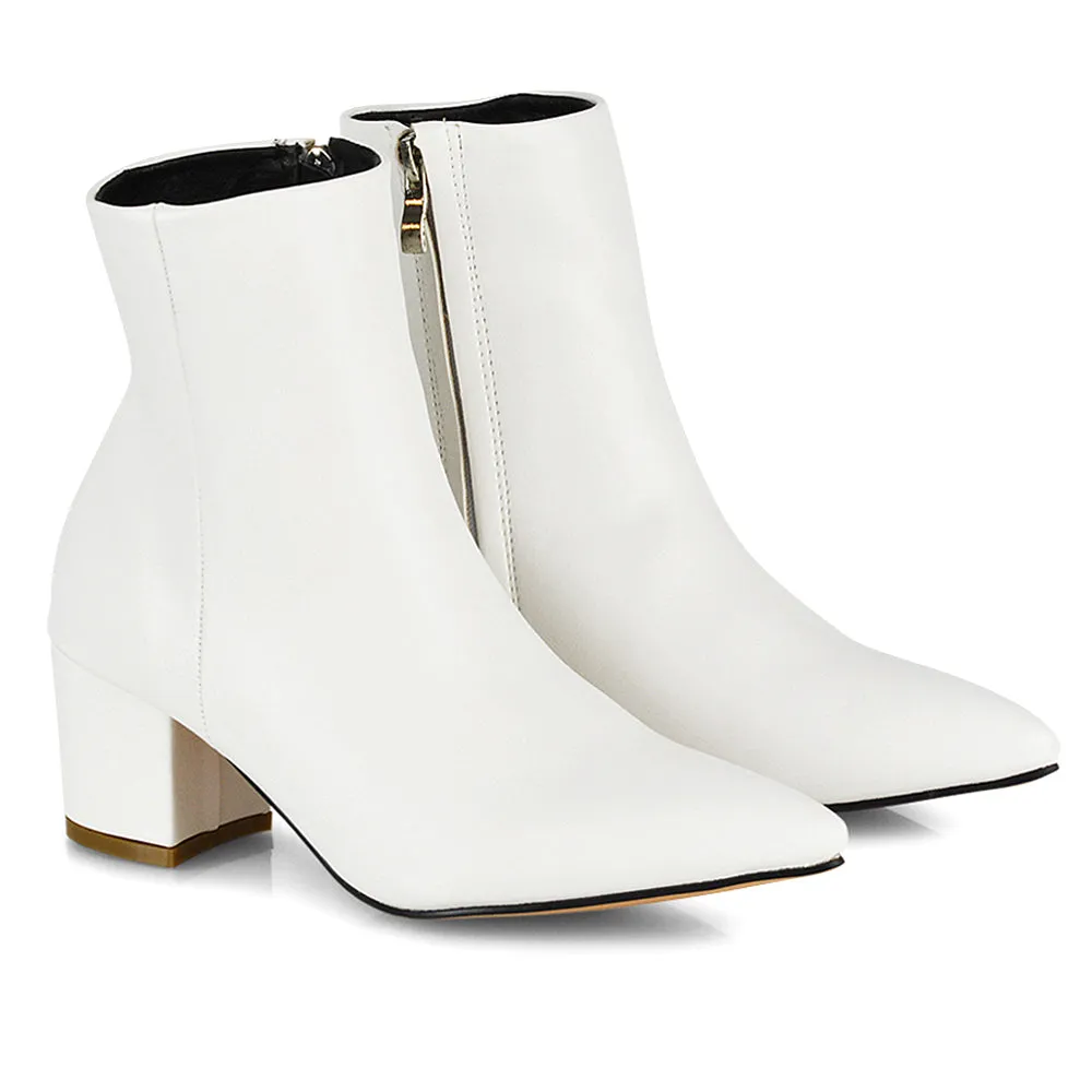 Ayda Pointed Toe inside Zip Detail Low Block Heel Ankle Boots in White Synthetic Leather