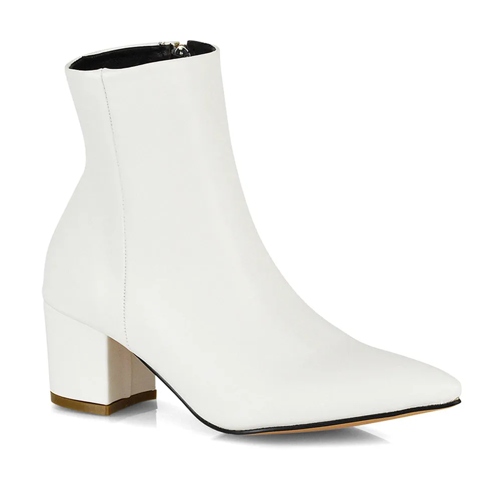 Ayda Pointed Toe inside Zip Detail Low Block Heel Ankle Boots in White Synthetic Leather