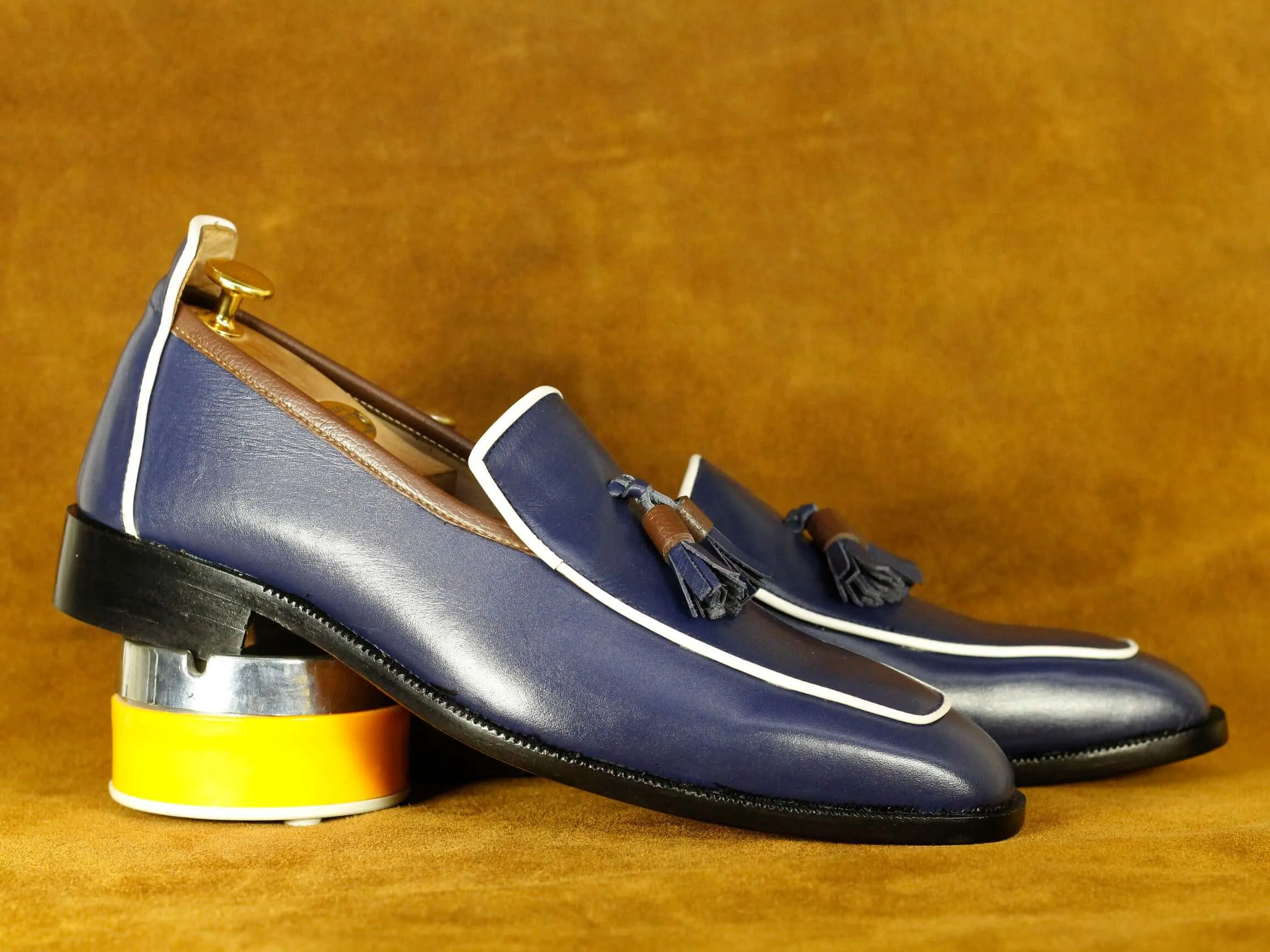 Bespoke Blue loafer tussle Shoes, Men's Oxford Leather Shoes