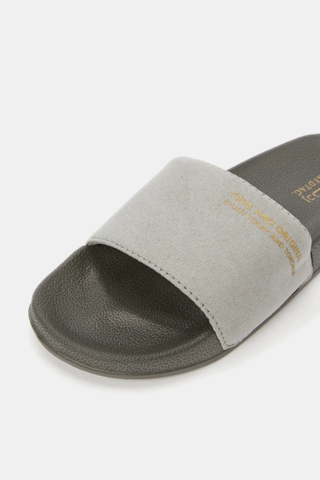 Boys Grey Slogan Embossed Slide