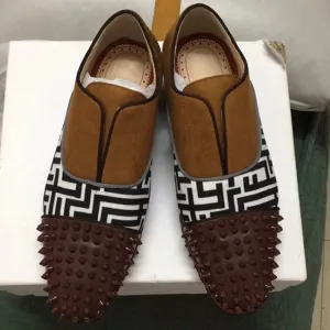 Brown Mixed Patchwork Rivet Loafers