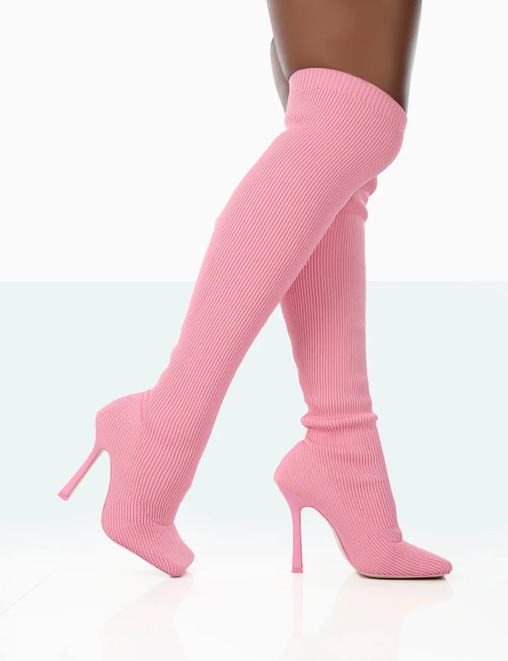 Bubbles Pink Knitted Square Toe Over The Knee Stiletto Boots