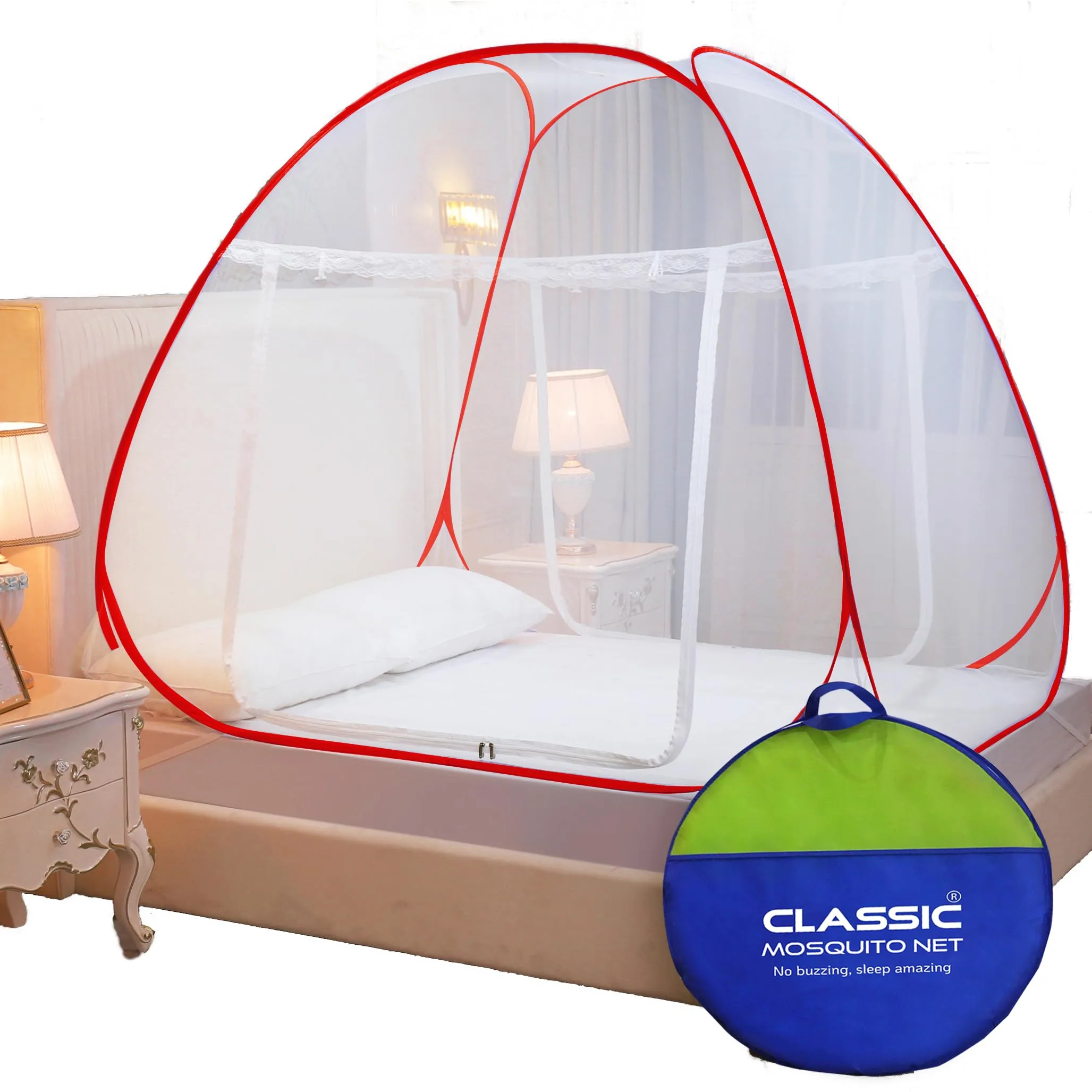 Classic Mosquito Net for Double Bed | Queen Size Foldable Machardani | Polyester 30GSM Strong Net | PVC Coated Corrosion Resistant Steel Wire - Red