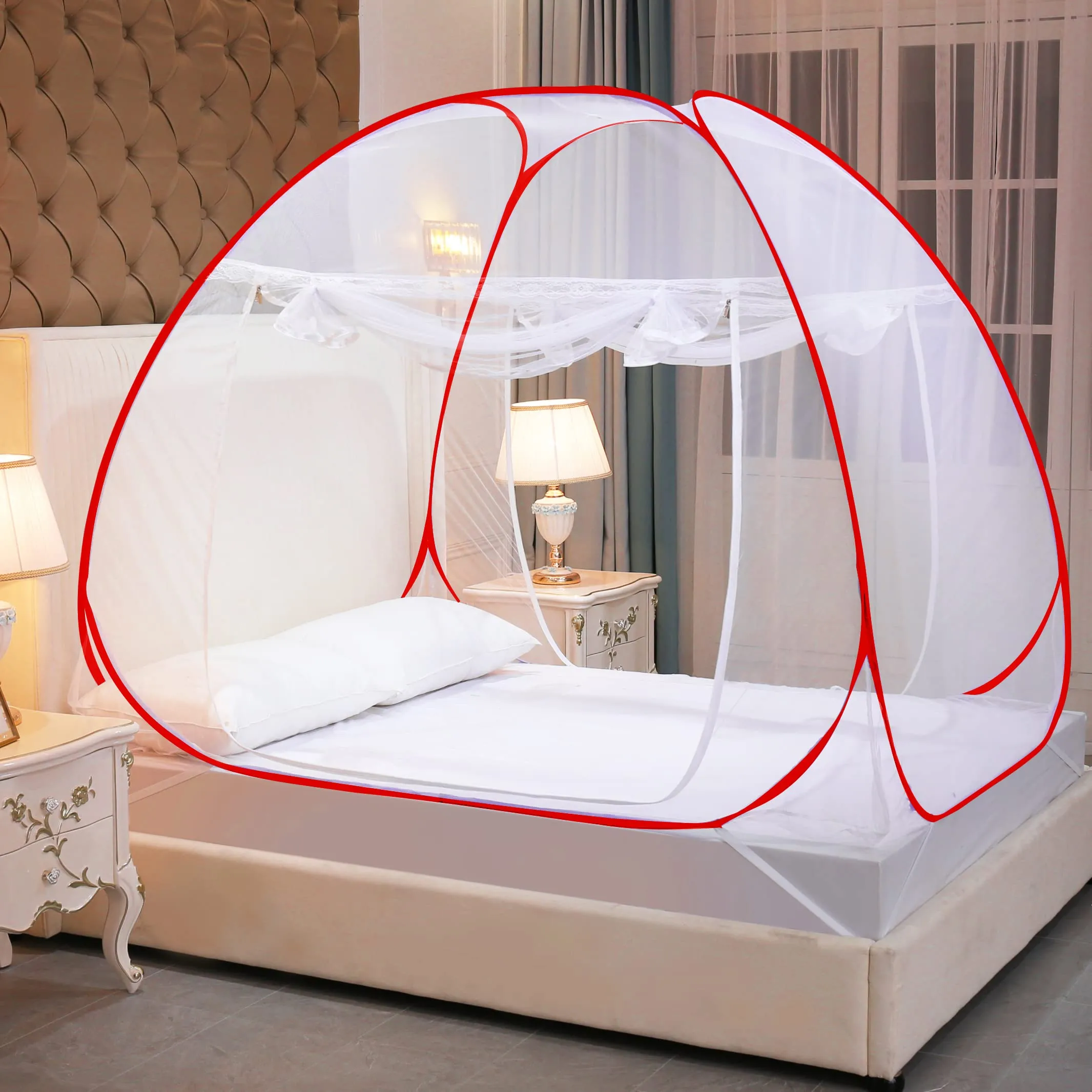 Classic Mosquito Net for Double Bed | Queen Size Foldable Machardani | Polyester 30GSM Strong Net | PVC Coated Corrosion Resistant Steel Wire - Red