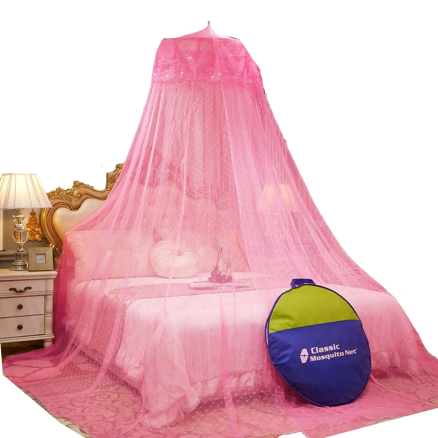 Classic Mosquito Net for Hanging Double Bed | King Size Embroidery Machardani | Polyester 30GSM Strong Net | Canopy Tent for Bedrooom -Pink