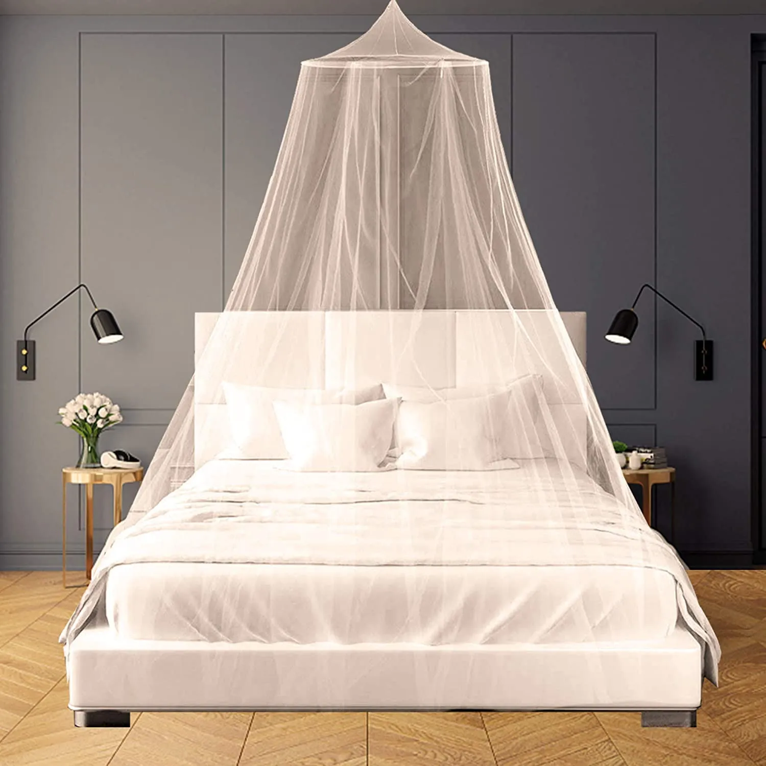 Classic Mosquito Net for Hanging Double Bed with 10 Meter LED Light | King Size Machardani | Polyester 30GSM Strong Net | Canopy Tent for Bedrooom -Plain White