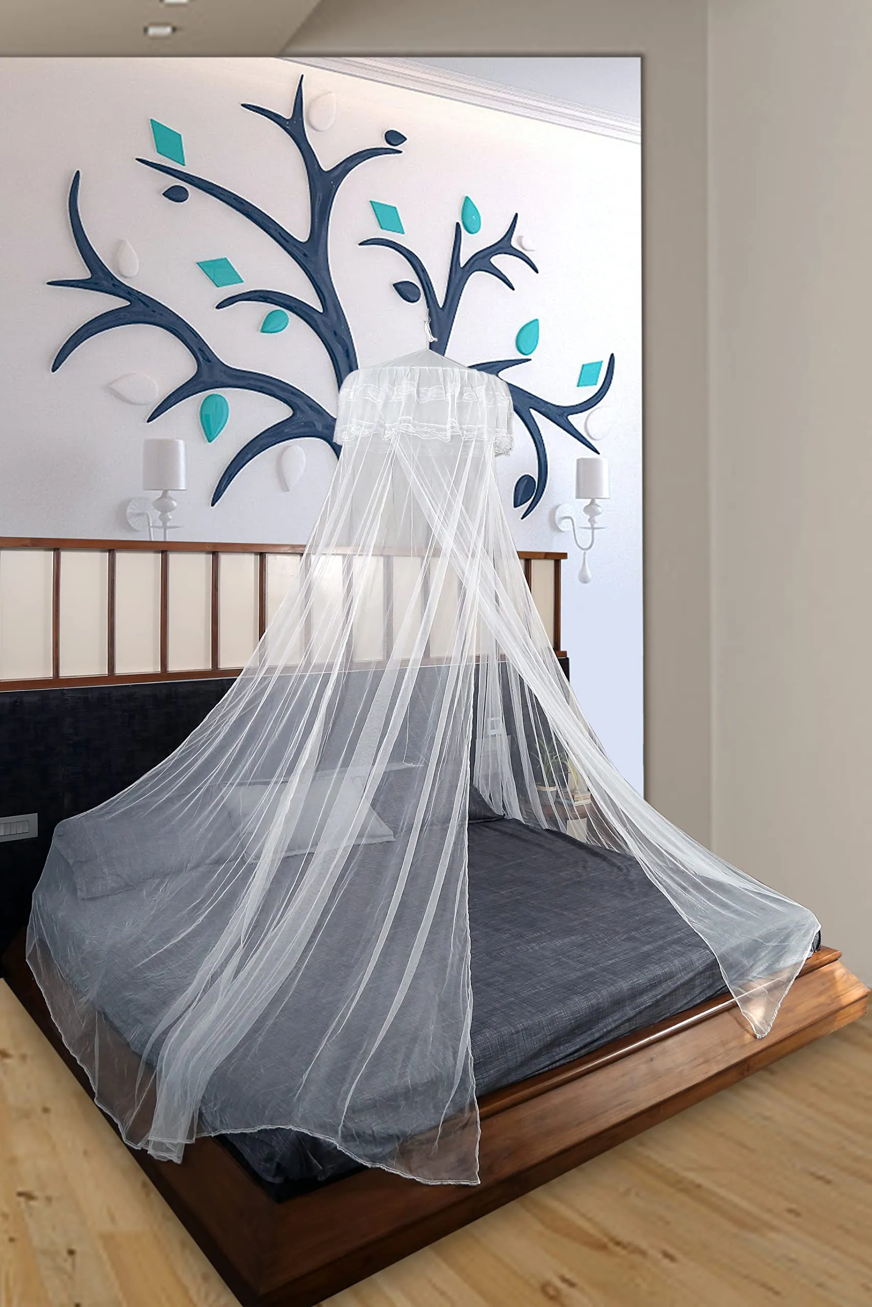 Classic Mosquito Net for Hanging Double Bed with 10 Meter LED Light | King Size Machardani | Polyester 30GSM Strong Net | Canopy Tent for Bedrooom -Plain White