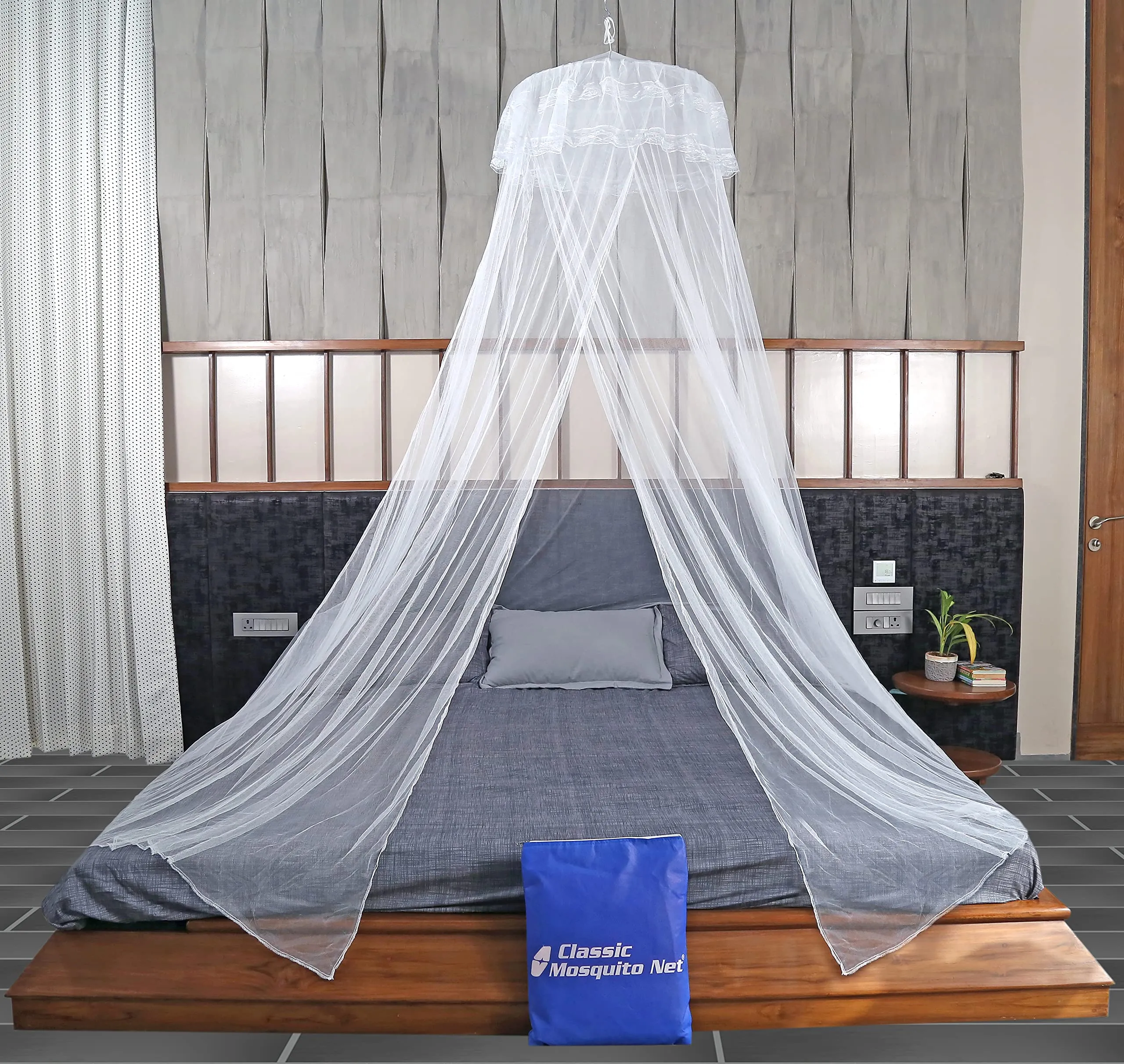 Classic Mosquito Net for Hanging Double Bed with 10 Meter LED Light | King Size Machardani | Polyester 30GSM Strong Net | Canopy Tent for Bedrooom -Plain White