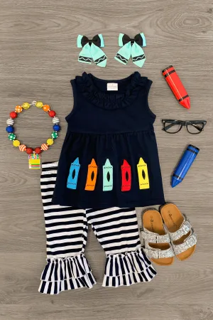 Crayons Navy Blue & White Striped Ruffle Capri Set