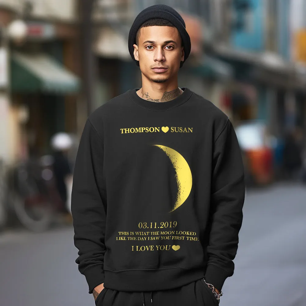 Custom Moon Phase Round Neck Unisex Sweatshirt Personalised Names Crewneck Sweatshirts Valentine's Day Gifts for Couple