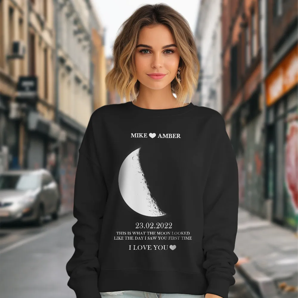 Custom Moon Phase Round Neck Unisex Sweatshirt Personalised Names Crewneck Sweatshirts Valentine's Day Gifts for Couple