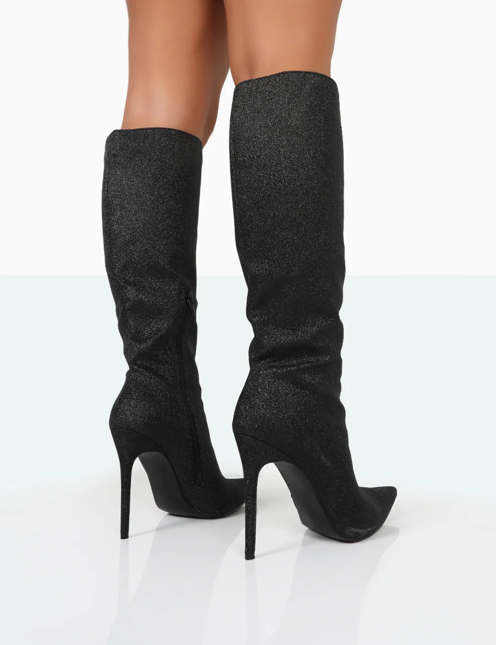 Diva Black Glitter Pointed Toe Stiletto Knee High Boots