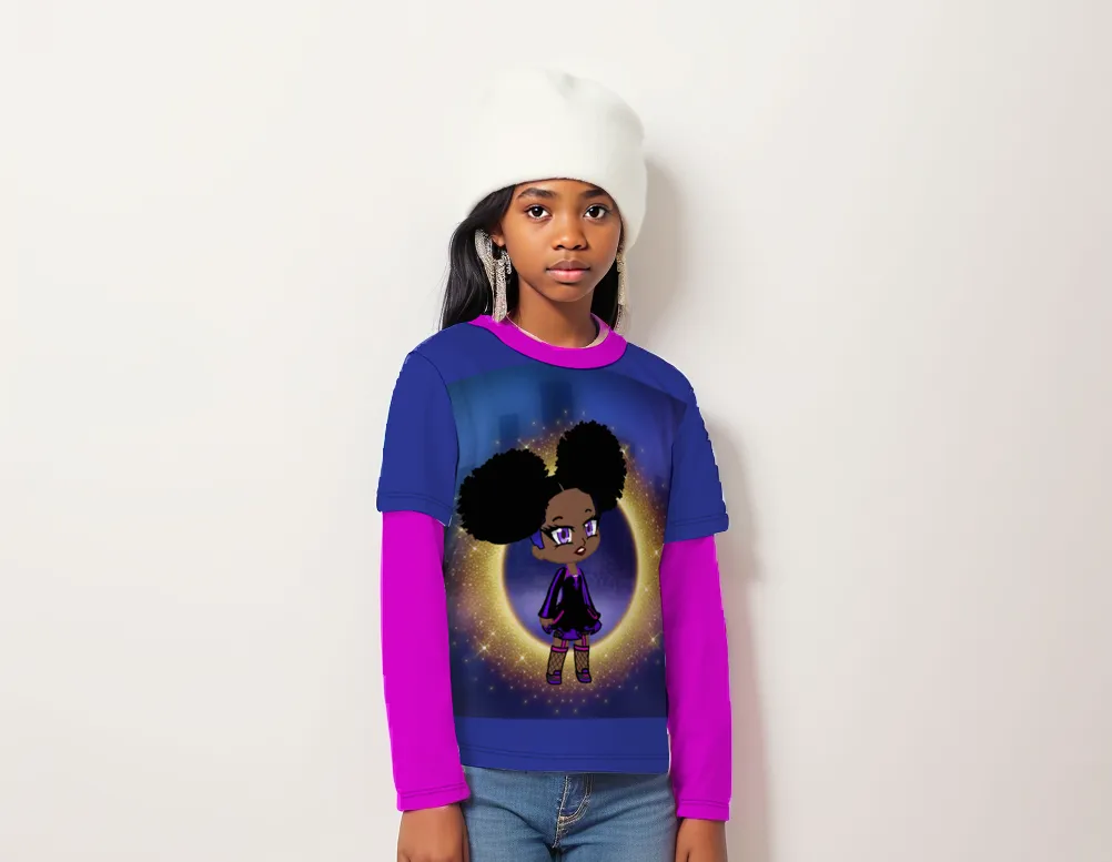 Fro-Puff Long-sleeve Splicing Tees for Girls