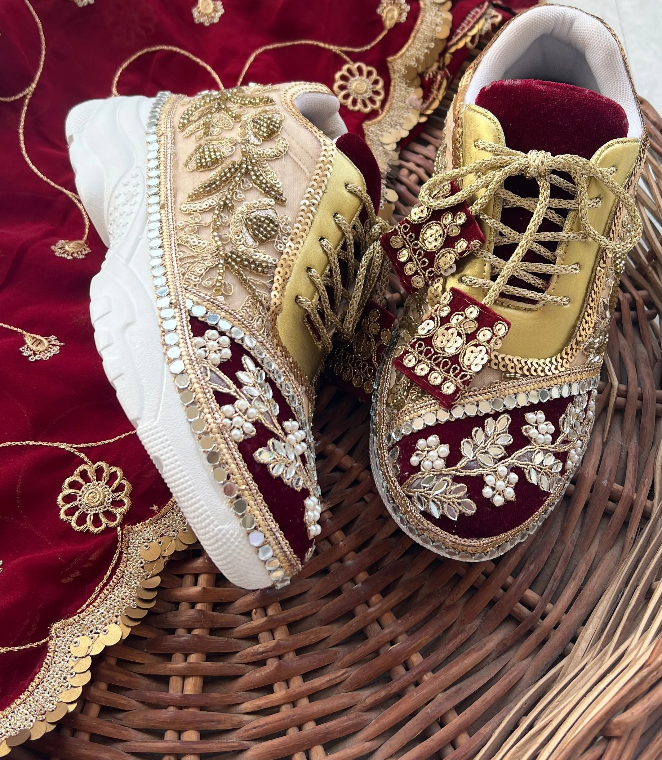 Funky N Trendy Maroon & Gold embroidery work bridal sneakers/ bridesmaid sneaker / golden sneakers/ Maroon sneakers / gold shoes/ bride shoes / handcrafted sneakers / bridal shoes