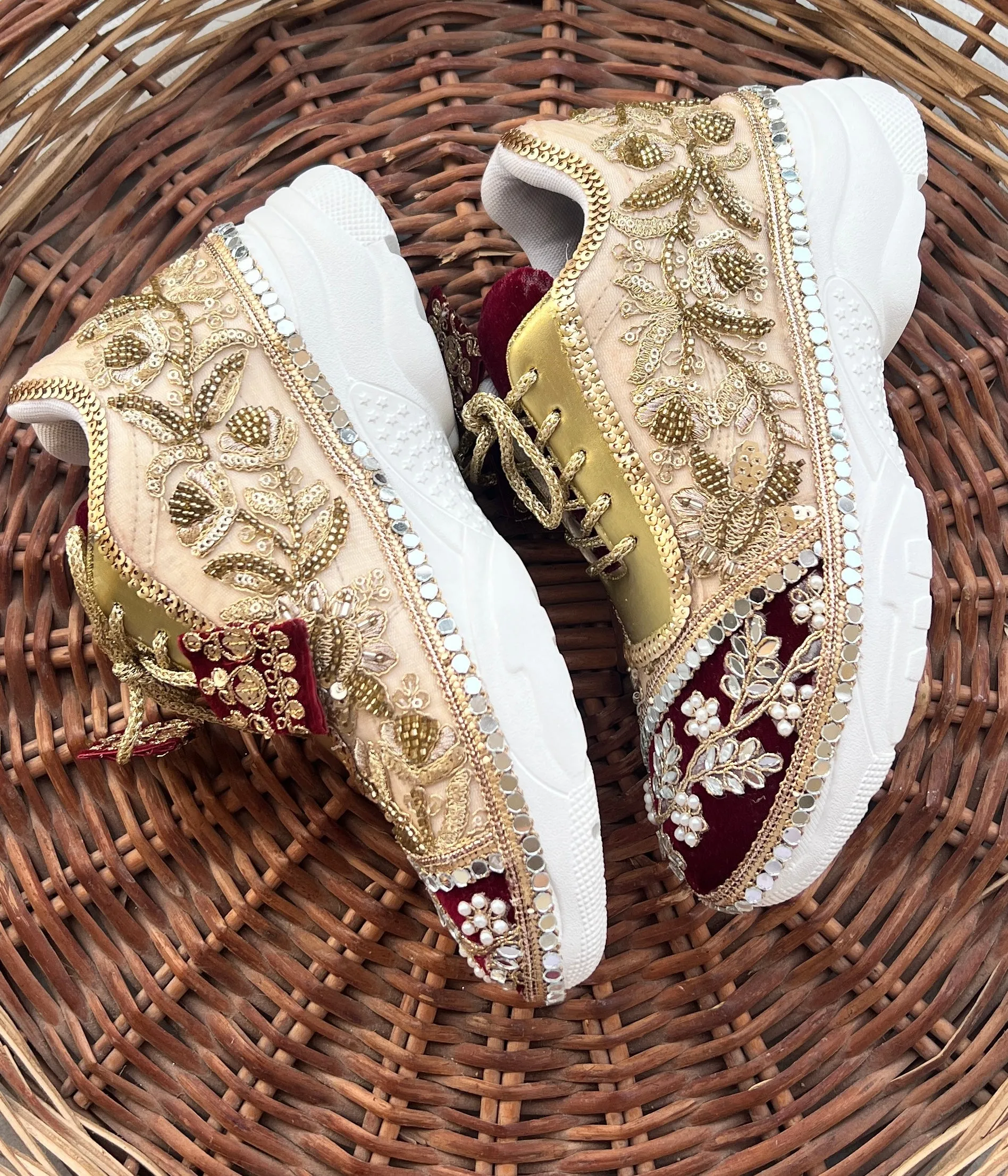 Funky N Trendy Maroon & Gold embroidery work bridal sneakers/ bridesmaid sneaker / golden sneakers/ Maroon sneakers / gold shoes/ bride shoes / handcrafted sneakers / bridal shoes