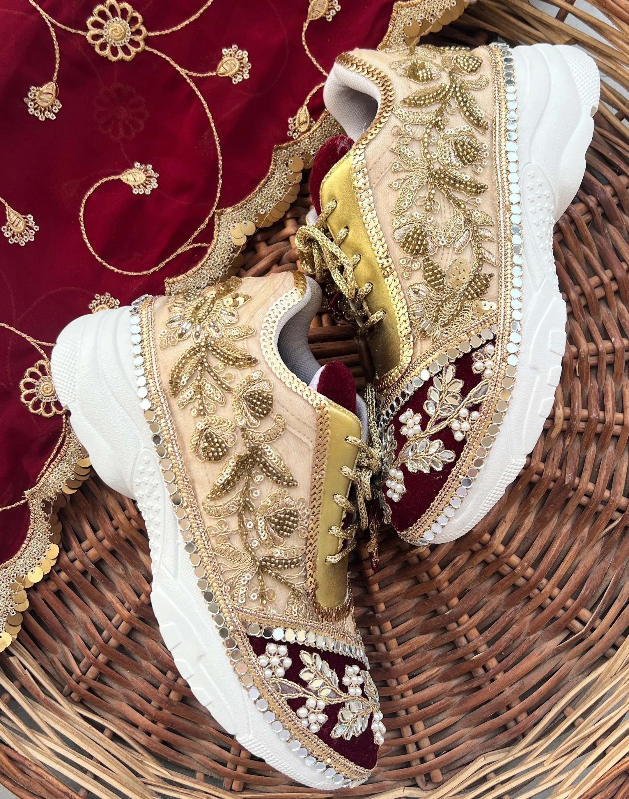 Funky N Trendy Maroon & Gold embroidery work bridal sneakers/ bridesmaid sneaker / golden sneakers/ Maroon sneakers / gold shoes/ bride shoes / handcrafted sneakers / bridal shoes