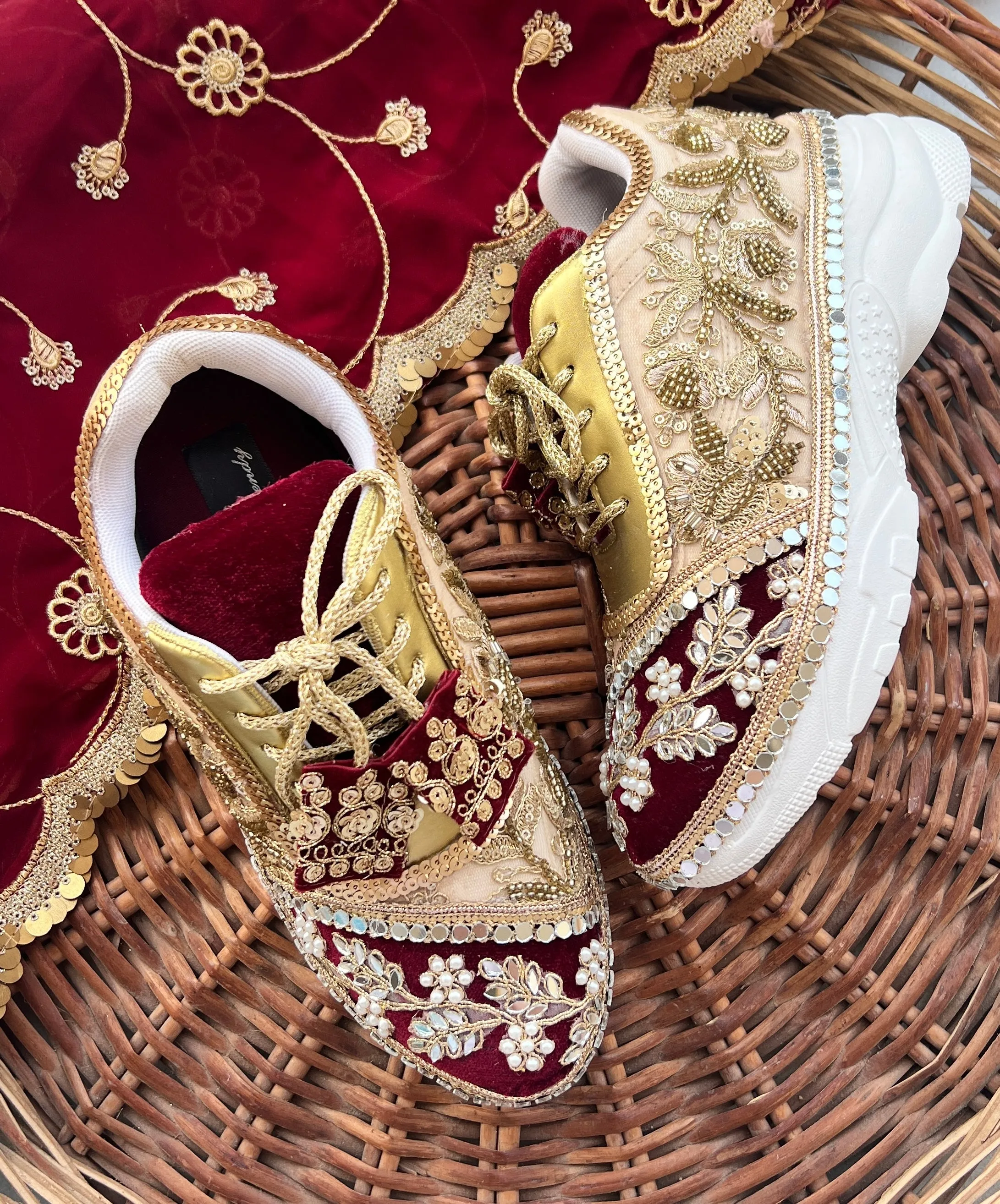 Funky N Trendy Maroon & Gold embroidery work bridal sneakers/ bridesmaid sneaker / golden sneakers/ Maroon sneakers / gold shoes/ bride shoes / handcrafted sneakers / bridal shoes