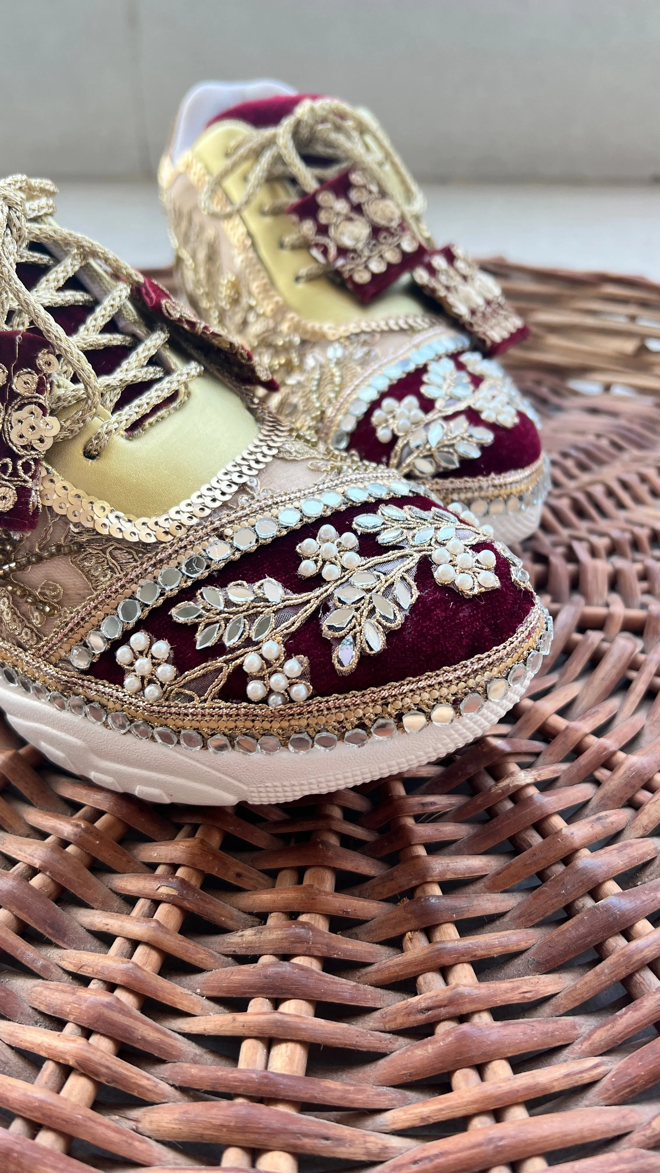 Funky N Trendy Maroon & Gold embroidery work bridal sneakers/ bridesmaid sneaker / golden sneakers/ Maroon sneakers / gold shoes/ bride shoes / handcrafted sneakers / bridal shoes