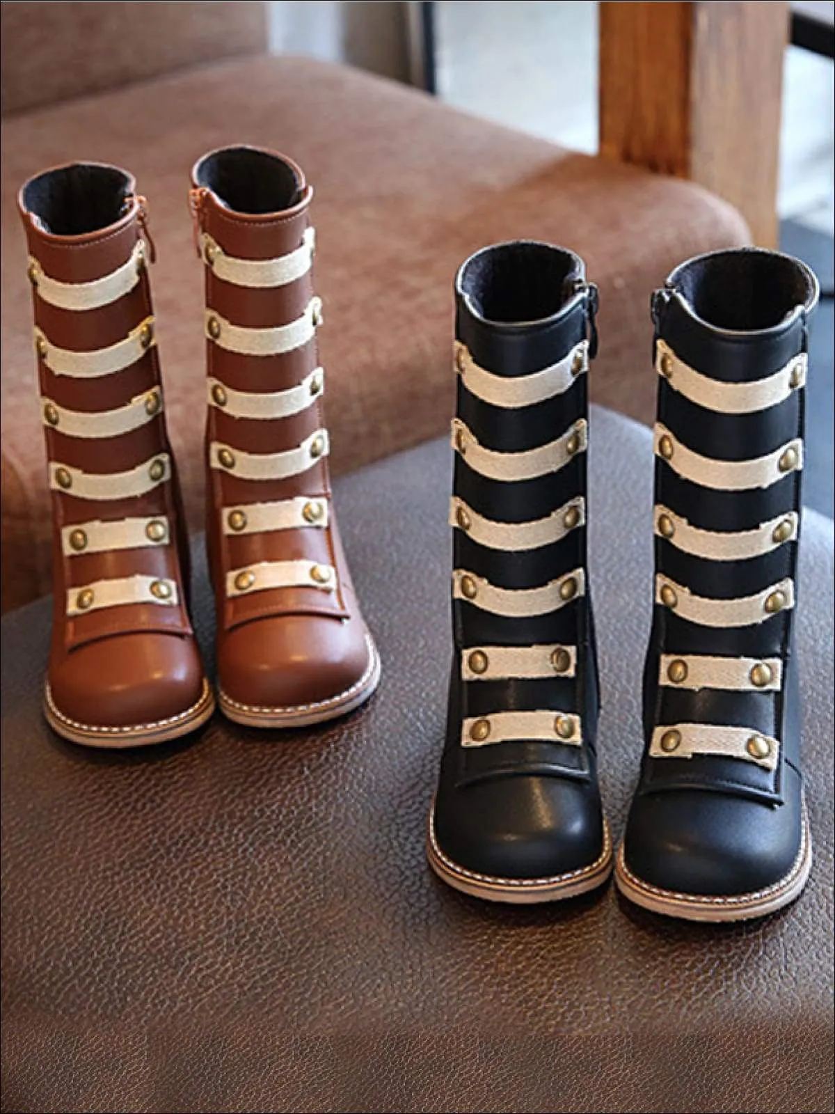 Girls Black & Brown Military Style Boots By Liv and Mia