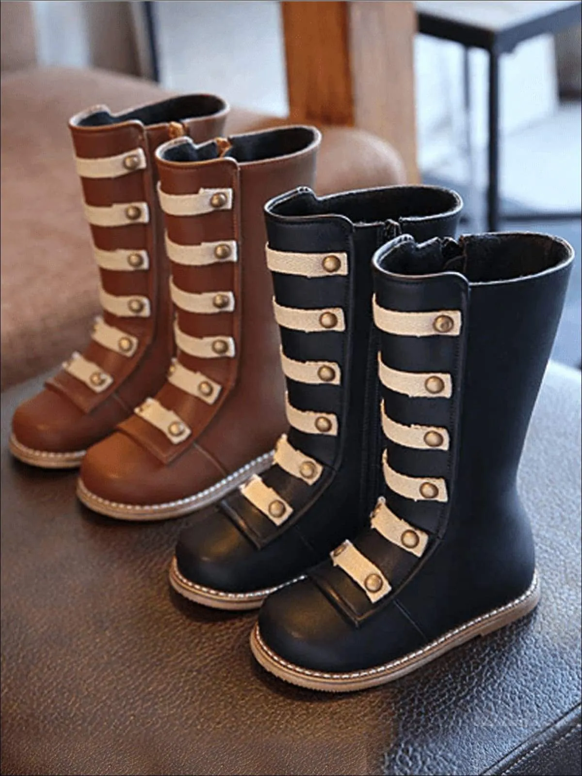 Girls Black & Brown Military Style Boots By Liv and Mia