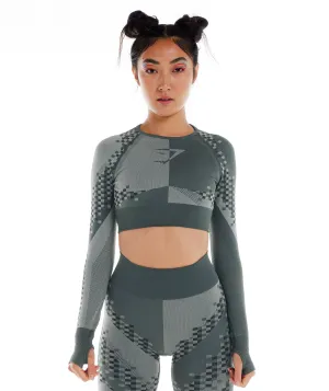 Gymshark Wtflex Cyborg Seamless Long Sleeve Crop Top - Charcoal Grey/Black/Light Grey