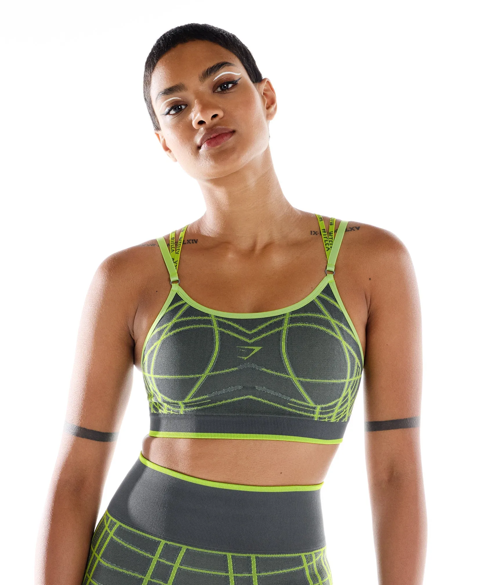 Gymshark Wtflex Linear Seamless Sports Bra -  Charcoal Grey/Fluo Green/Light Grey