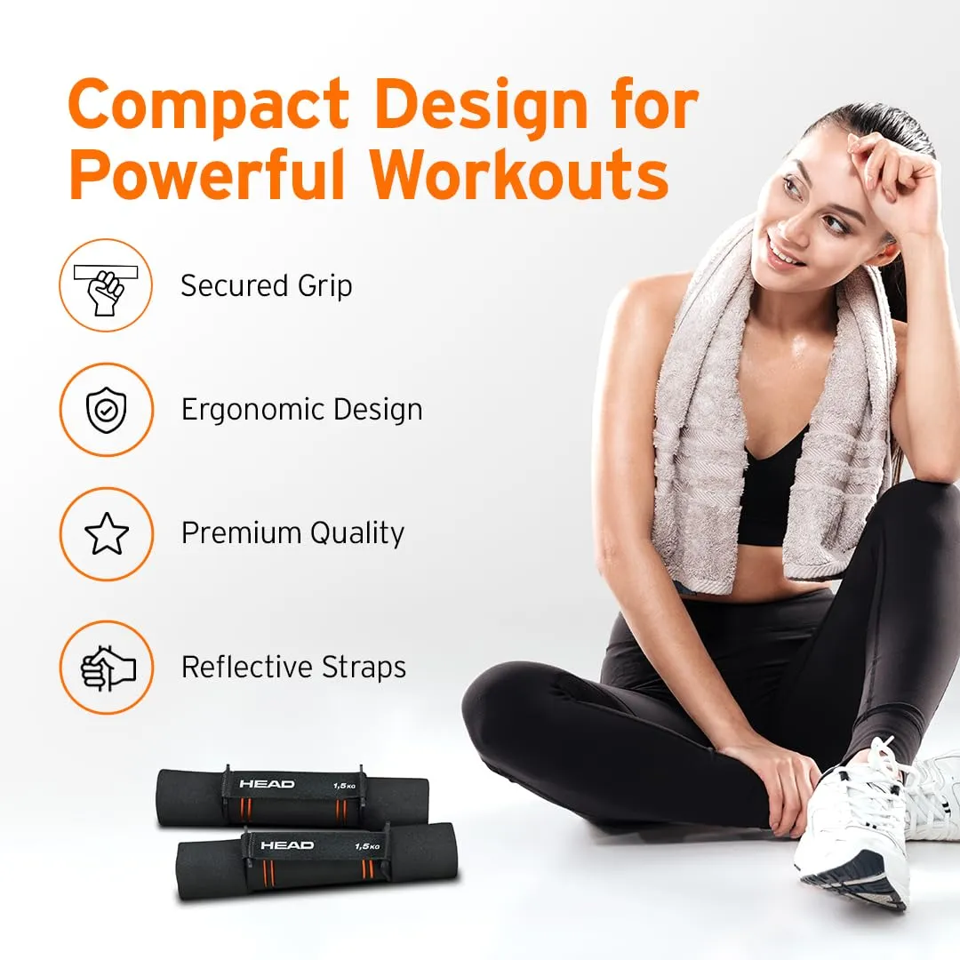 HEAD Soft Dumbbell Set - 1.5Kg x 2 | Soft Rubber Dumbbells with Comfy Hand Straps | Dumbbells Set for Home Gym | Home Gym Set | Fitness Dumbbell | Weights for Home Gym Accessories Men & Women | Black