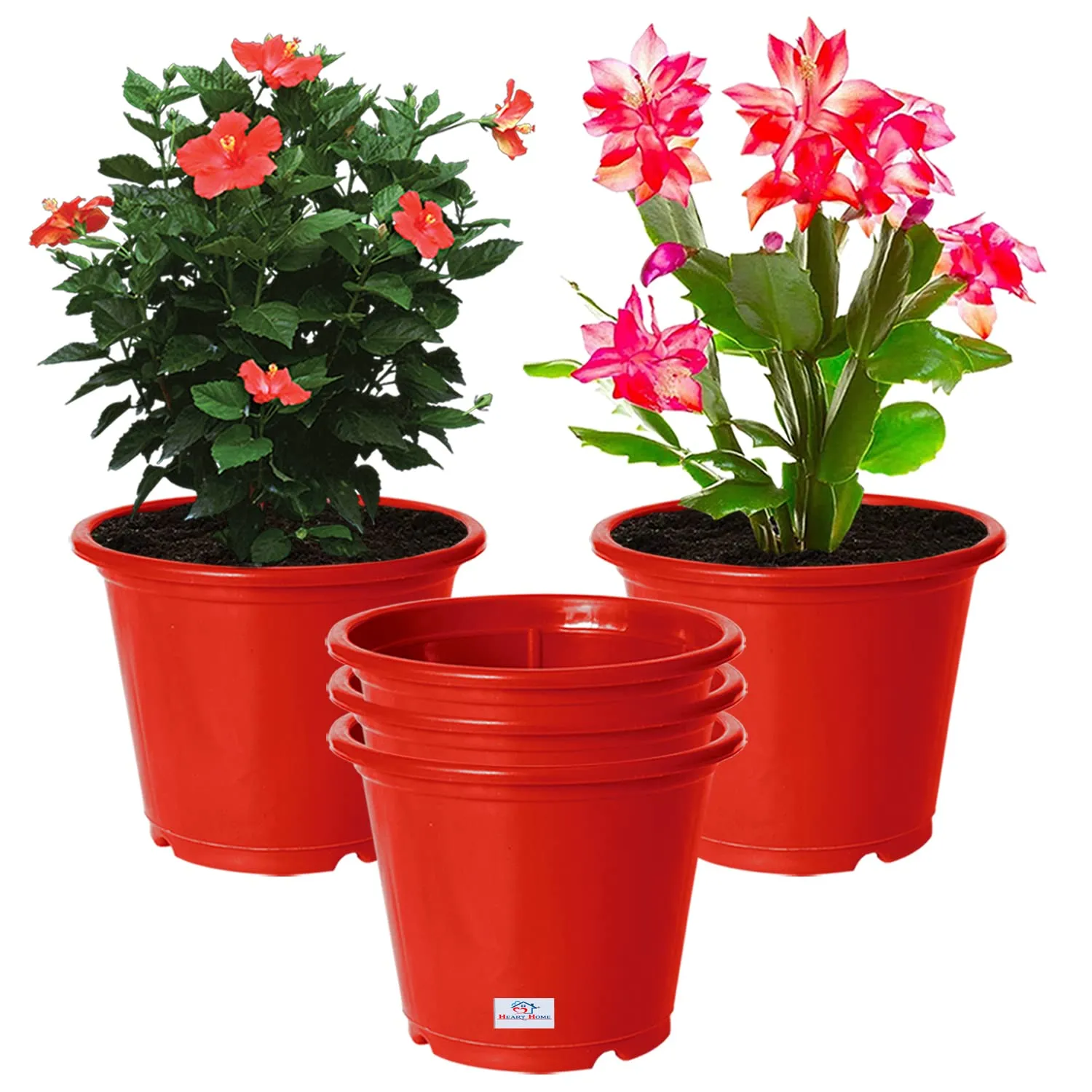 Heart Home Durable Plastic Flower Pot|Gamla with Drain Holes for Indoor Home Decor & Outdoor Balcony,Garden,6"x5",Pack of 5 (Red)