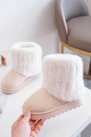 KIDS FOLDED OVER FLUFFY FAUX FUR LINING ANKLE BOOTS IN BEIGE 31-36 SIZES