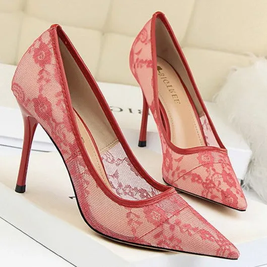 Lace Panel Point Toe Stiletto Heeled Court Pumps