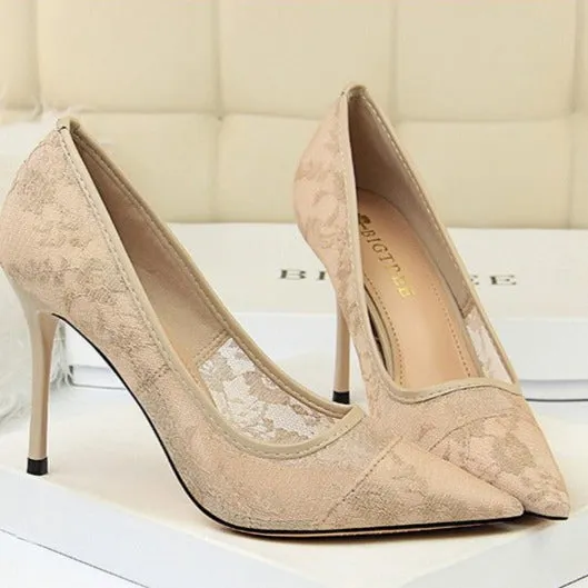 Lace Panel Point Toe Stiletto Heeled Court Pumps