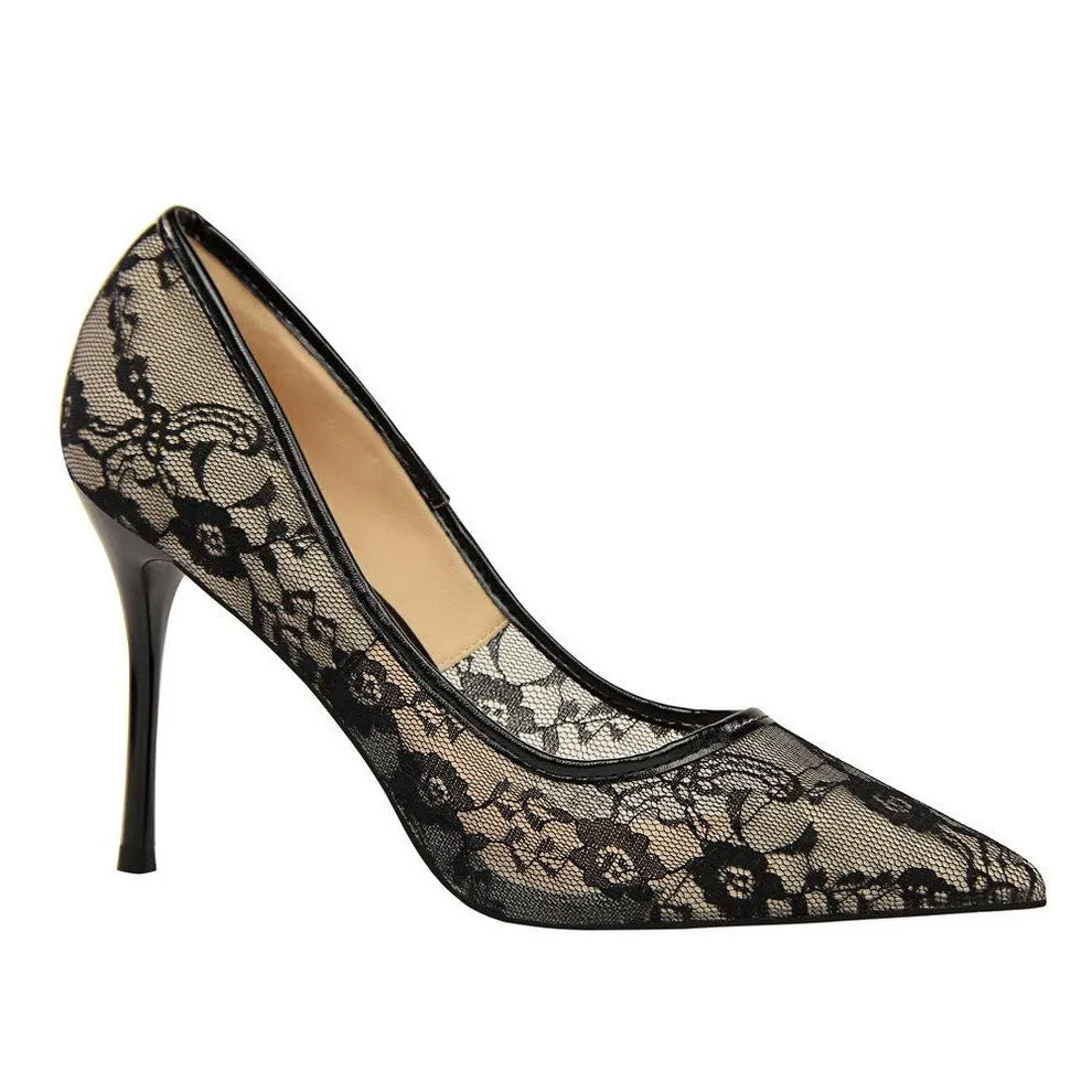 Lace Panel Point Toe Stiletto Heeled Court Pumps