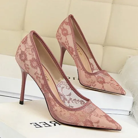 Lace Panel Point Toe Stiletto Heeled Court Pumps