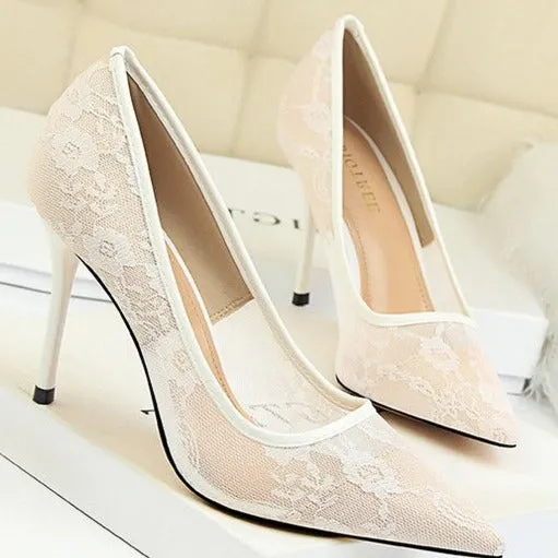 Lace Panel Point Toe Stiletto Heeled Court Pumps