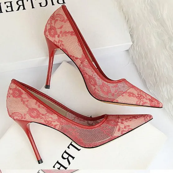 Lace Panel Point Toe Stiletto Heeled Court Pumps