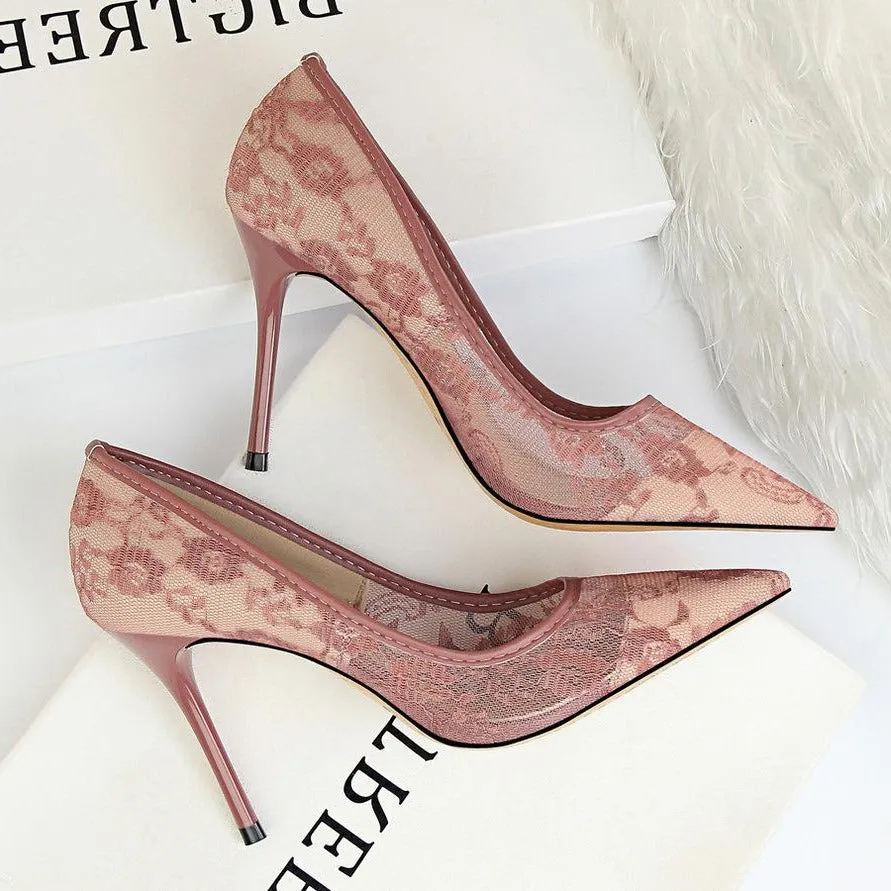 Lace Panel Point Toe Stiletto Heeled Court Pumps