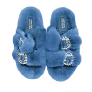 Luxe Mink Slide Sandals with Crystal Buckle - Denim