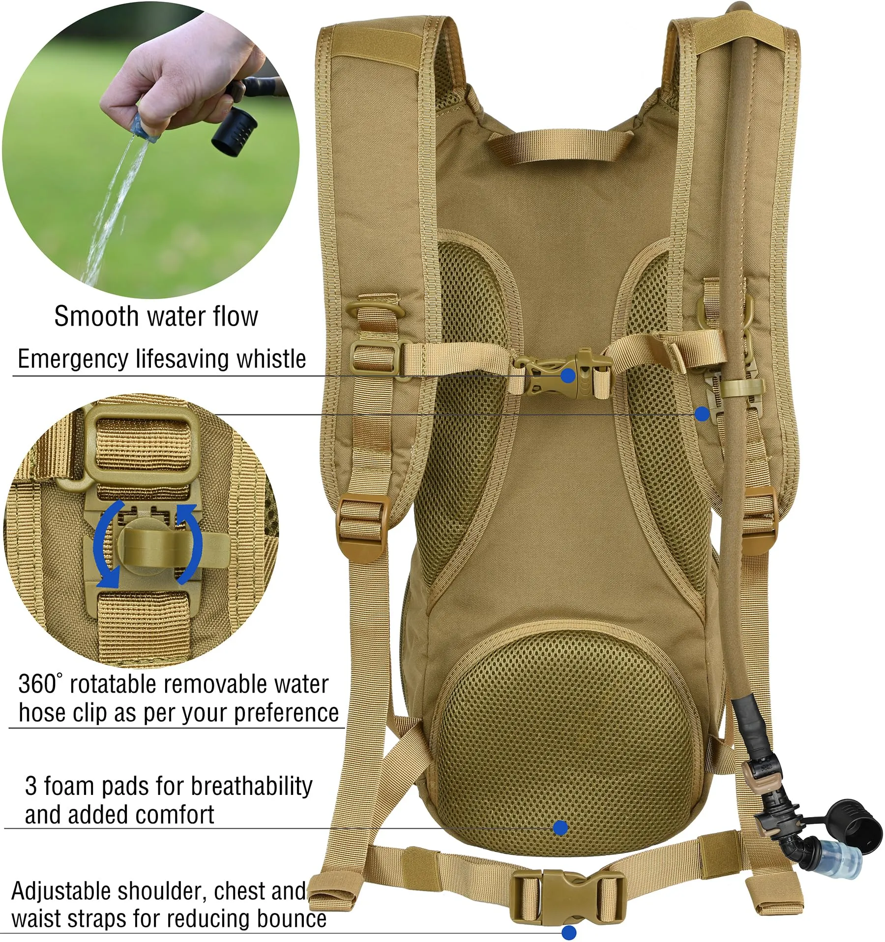 MARCHWAY Tactical Molle Hydration Pack Backpack with 3L TPU Water Bladder, Military Daypack for Cycling, Hiking, Running, Climbing, Hunting, Biking (Tan)