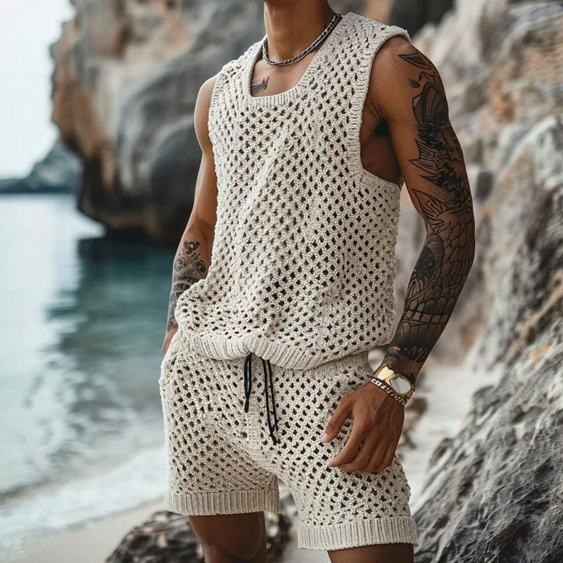 Men's Slim Fit Vertical Pattern Shirt & Shorts Set