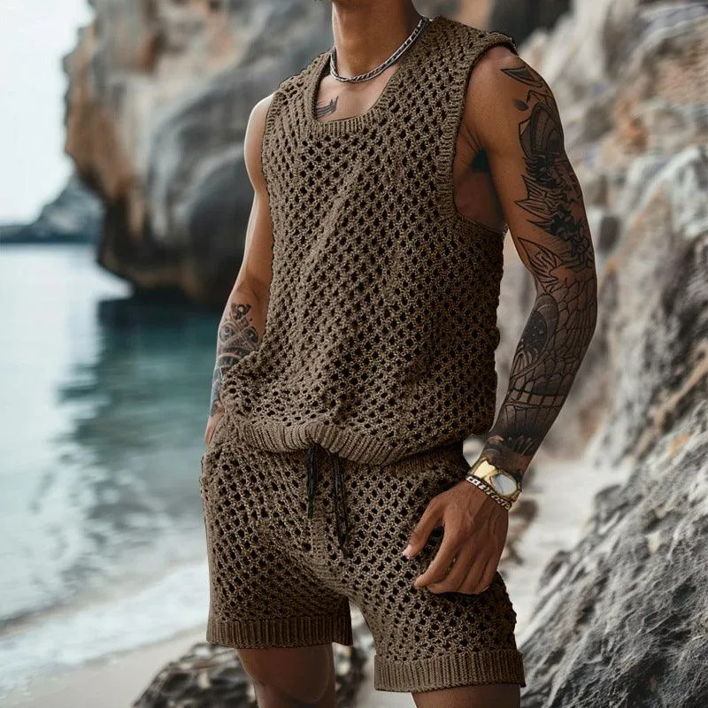 Men's Slim Fit Vertical Pattern Shirt & Shorts Set