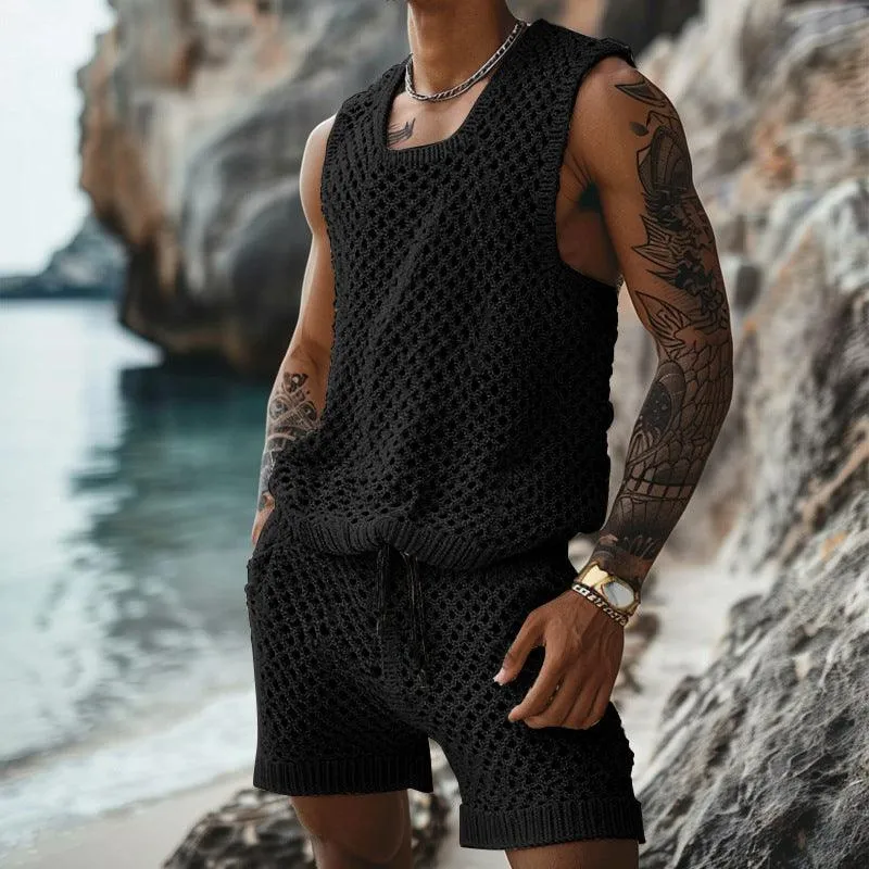 Men's Slim Fit Vertical Pattern Shirt & Shorts Set