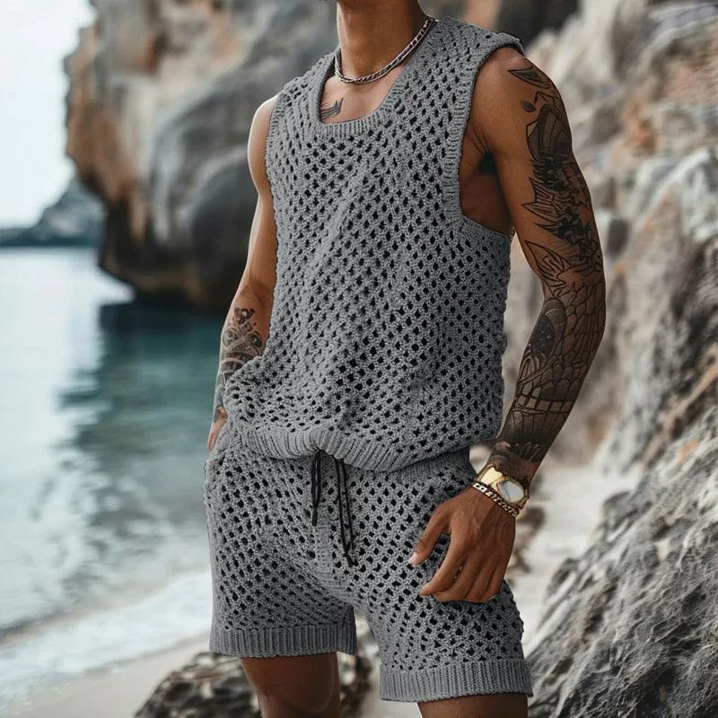 Men's Slim Fit Vertical Pattern Shirt & Shorts Set